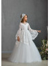 Bell Sleeves Beaded Ivory Eyelash Lace Tulle Flower Girl Dress